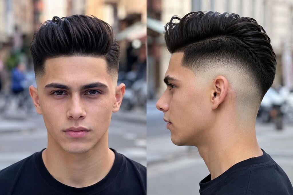 High skin fade haircut shown from front and side view with sharp blend near the crown