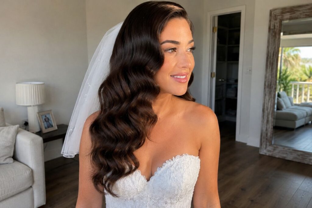 Hollywood waves wedding hairstyle for round face