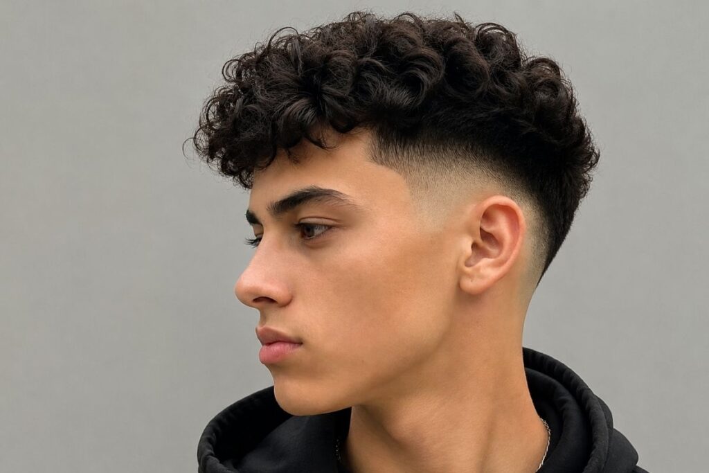 Teenage boy with a low skin fade haircut, curly hair on top, tight edges near the ear