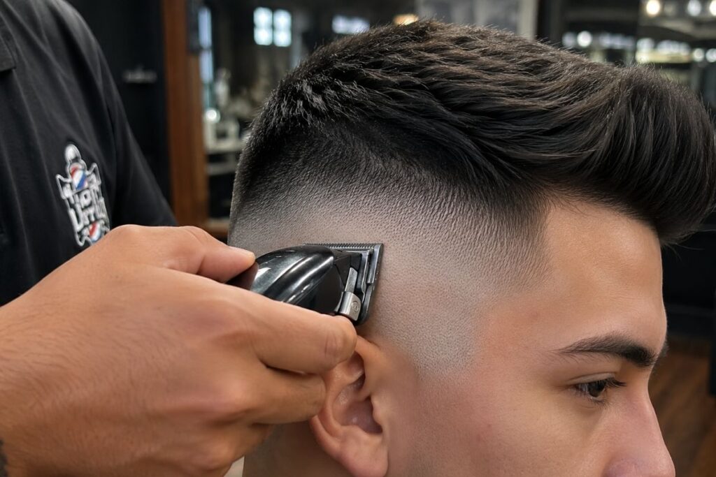 Barber blending a mid skin fade haircut at the temple with clippers