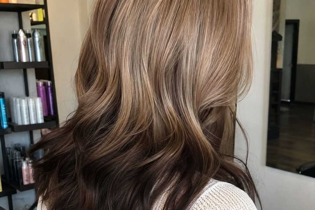 Reverse balayage hair coloring technique with light roots