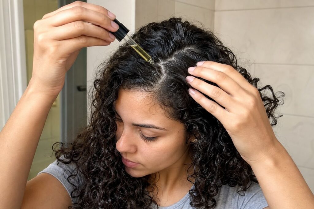 Scalp care oil application for curly hair type