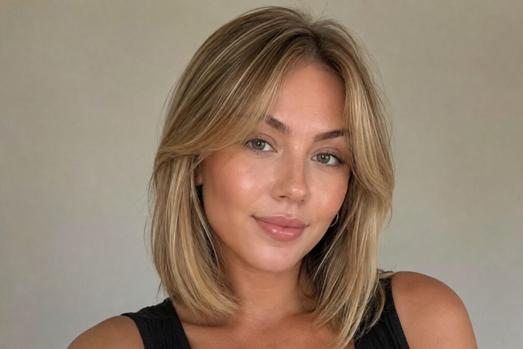 Side parted lob with face framing bangs for diamond face shape