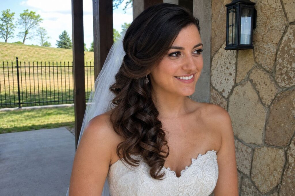 side swept curls wedding hairstyle for round face