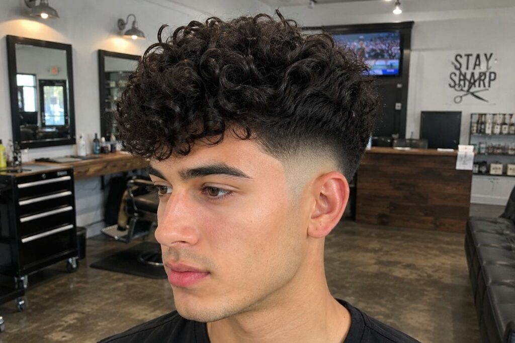 Skin fade haircut with natural curly hair left full on top