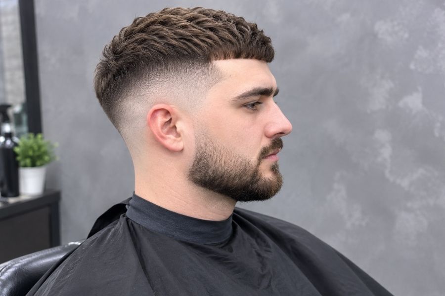 Young man with a clean skin fade haircut and textured top, viewed in side profile inside a barbershop.
