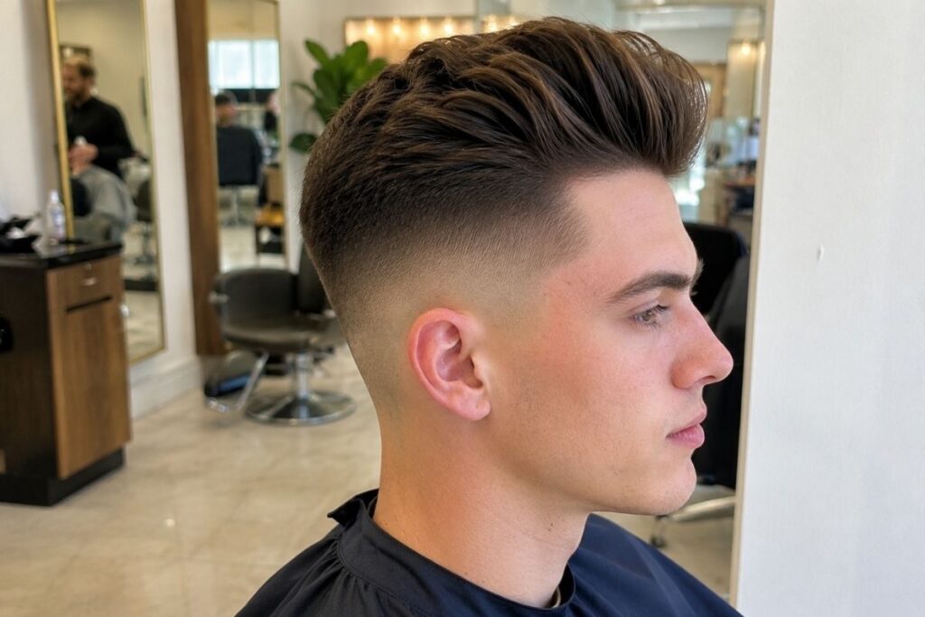 Skin fade haircut paired with a tall pompadour hairstyle