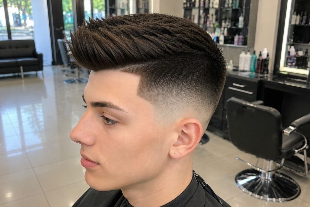 Skin fade haircut paired with a raised quiff hairstyle