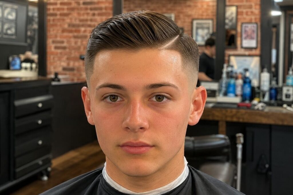 Skin fade haircut with a clean side part, school-appropriate style