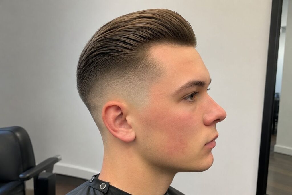 Skin fade haircut paired with a slicked-back hairstyle
