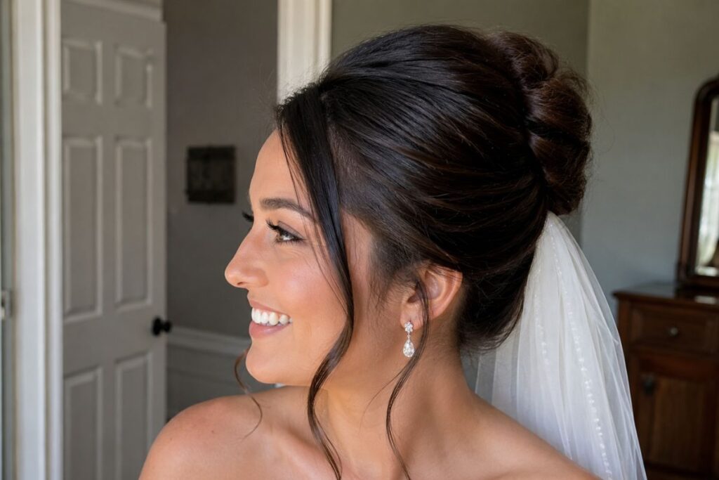 Sleek French twist wedding hairstyle for round face