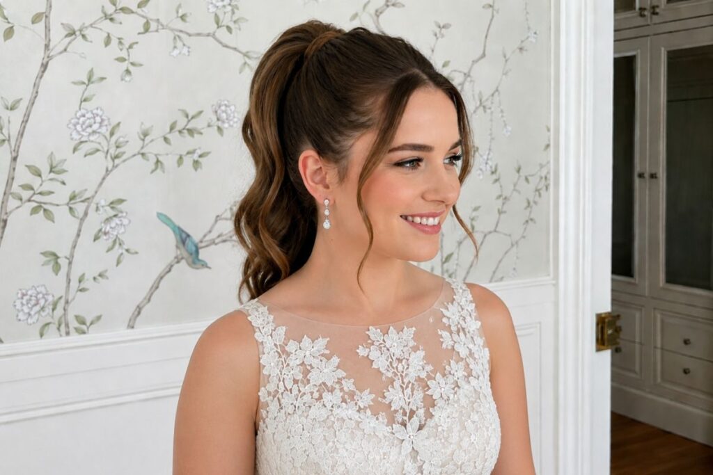 Sleek high ponytail wedding hairstyle for round face