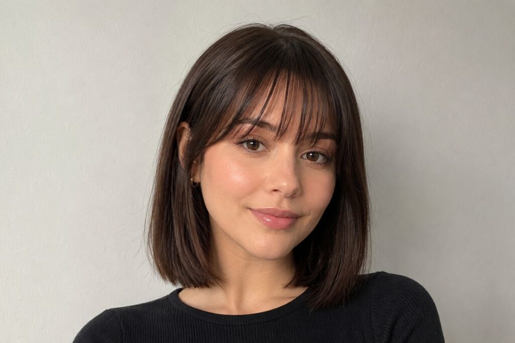 Sleek lob with fringe for diamond face shap