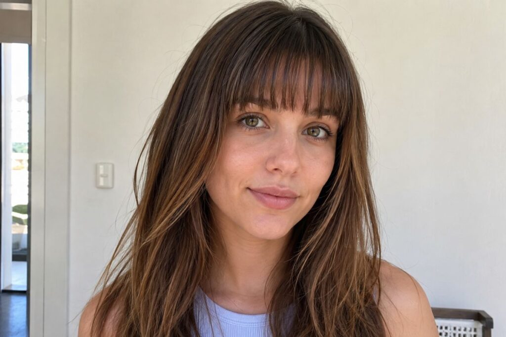 Softened blunt bangs for heart face shape