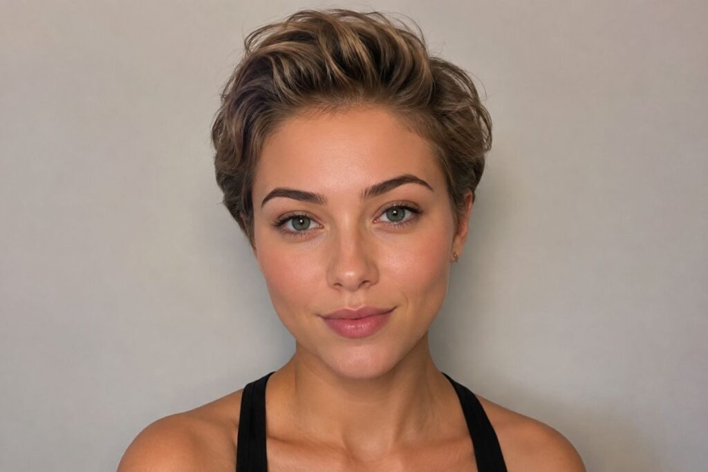 Swept back bixie hairstyle for diamond face shape