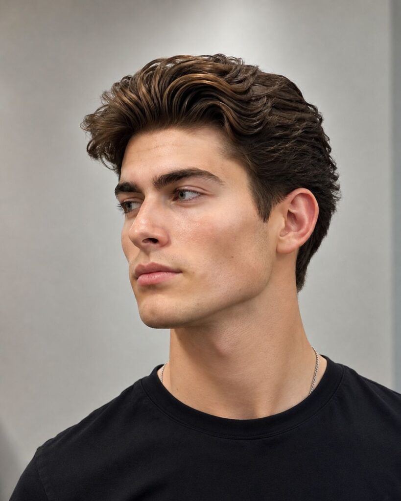 Swept back hairstyle with volume for diamond face shape