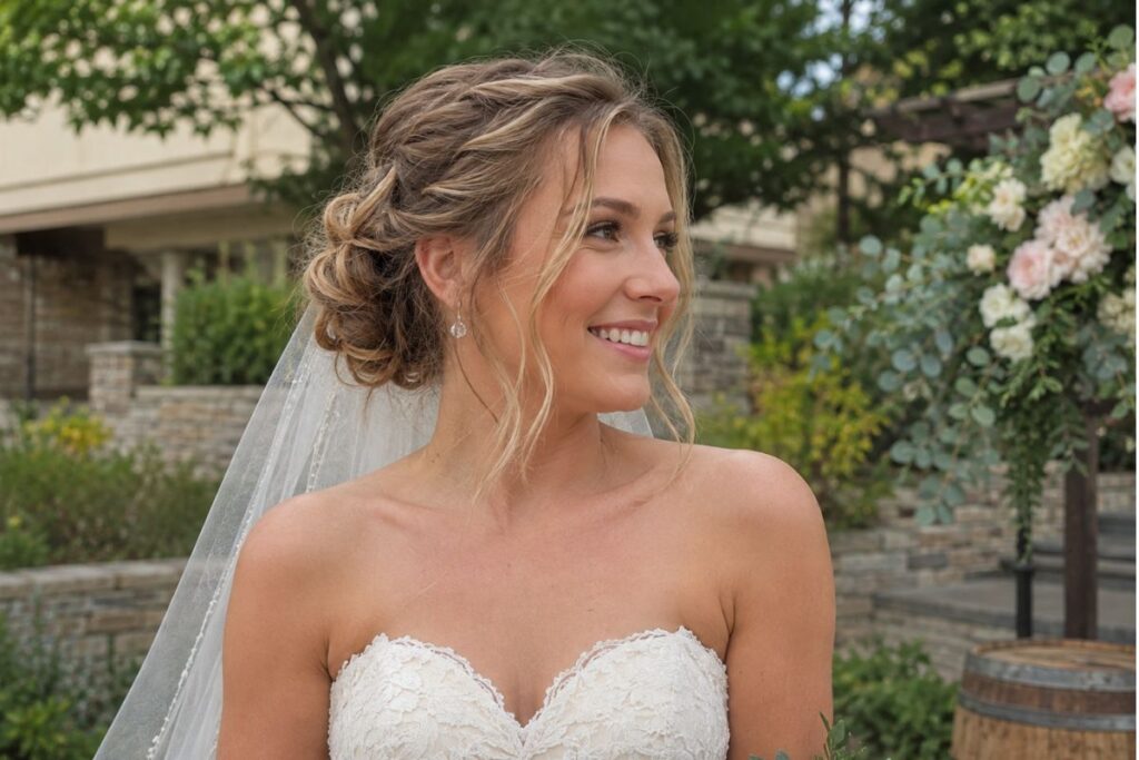 Textured chignon wedding hairstyle for round face