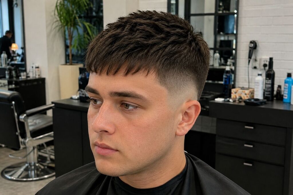 Textured crop hairstyle for round face shape men