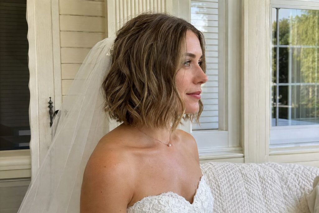 Textured lob with waves wedding hairstyle for round face
