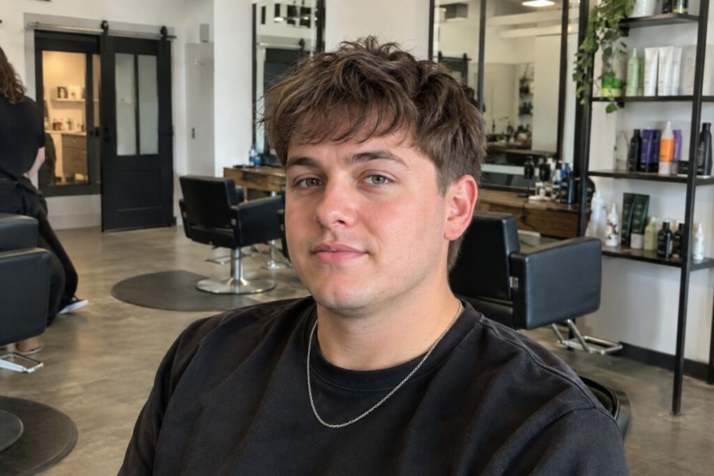 Textured top hairstyle for round face shape men