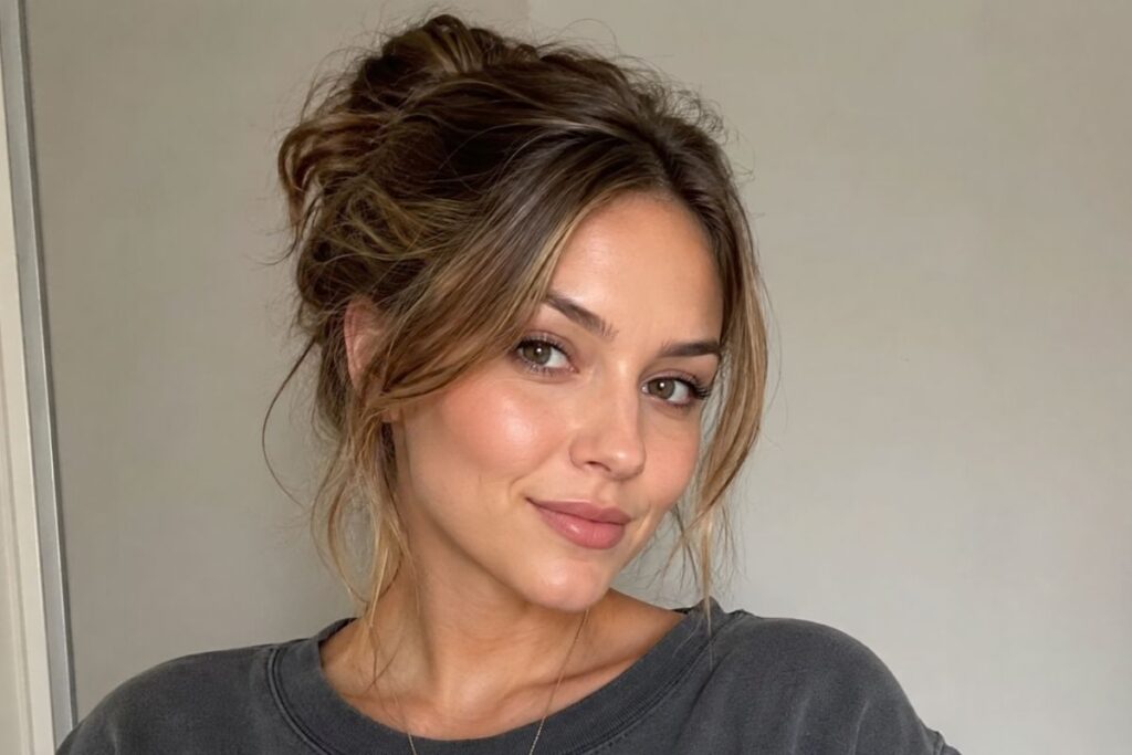 Textured updo with piecey bangs for diamond face shape