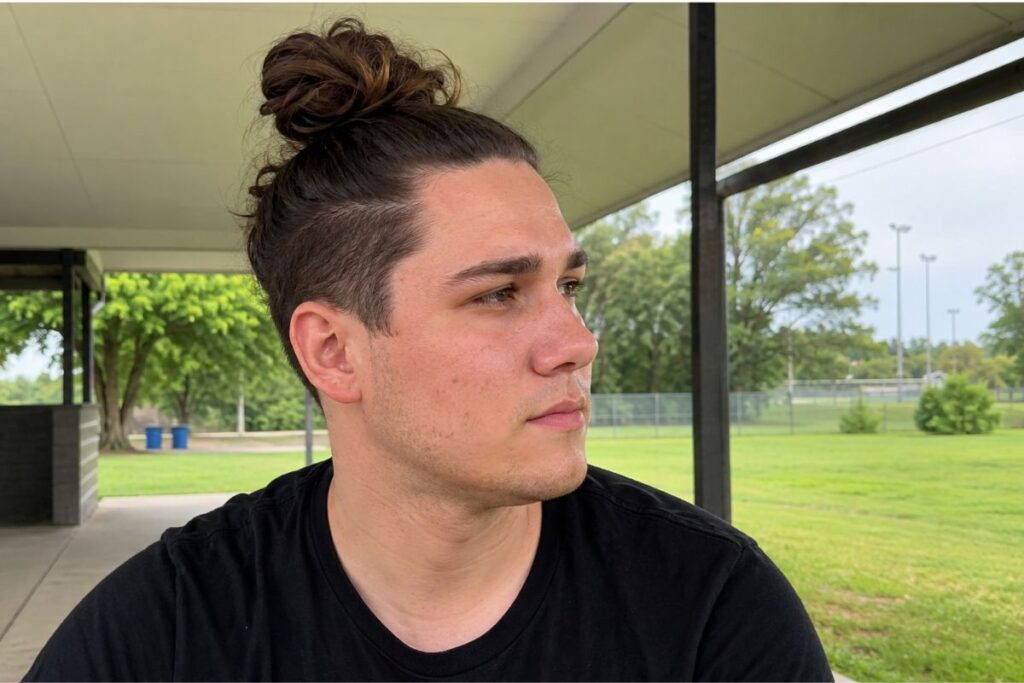 Top knot hairstyle for round face shape men