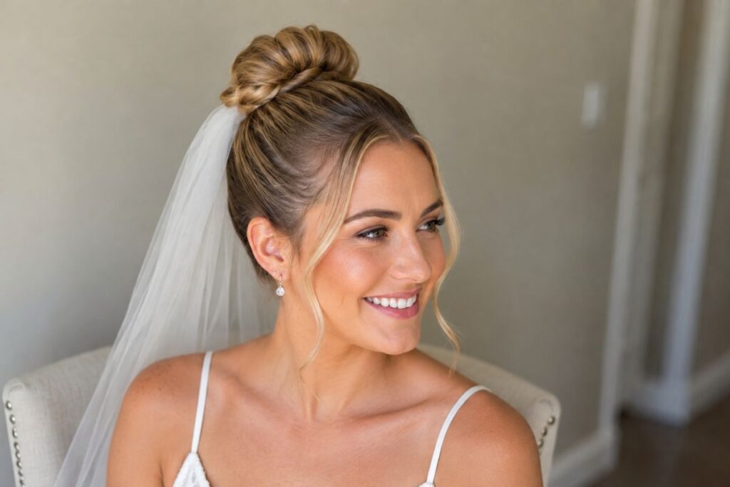 Top knot wedding hairstyle for round face