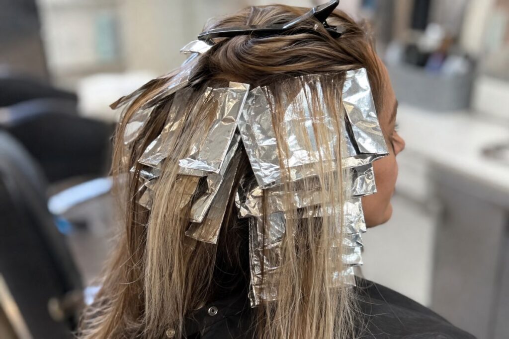 Traditional foil highlights hair coloring technique