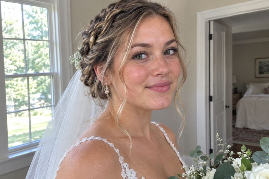Twisted crown braid updo wedding hairstyle for round face