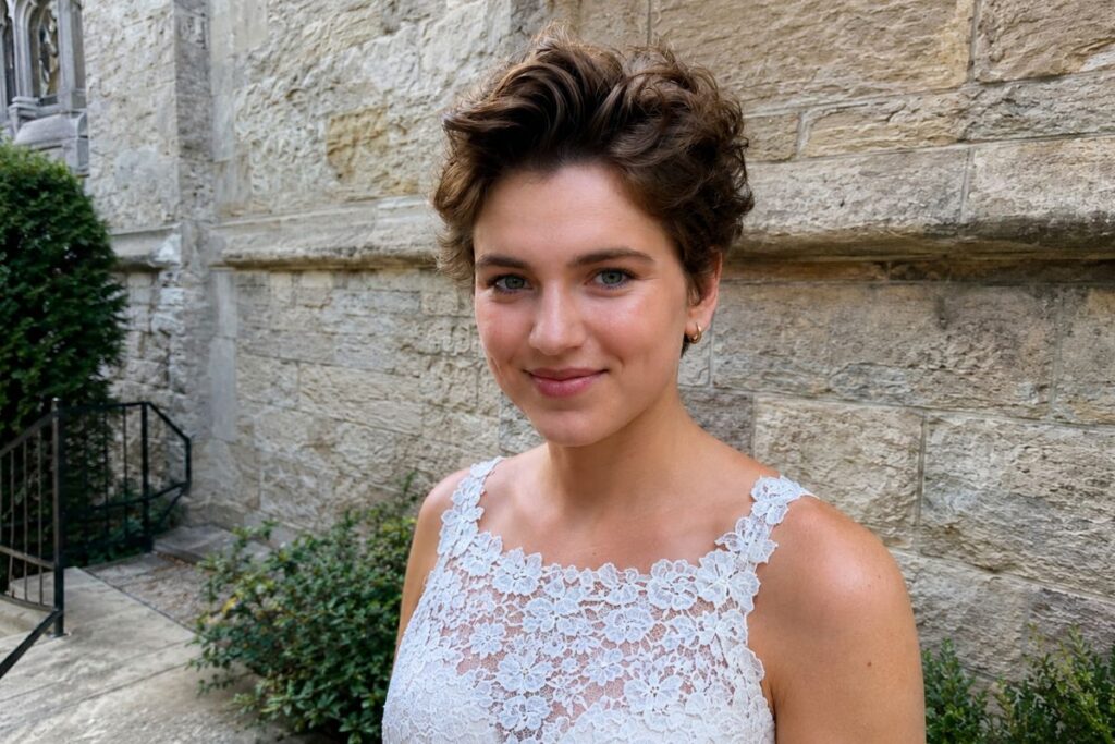 Voluminous pixie wedding hairstyle for round face
