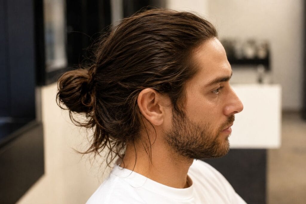 Low messy bun hairstyle for men
