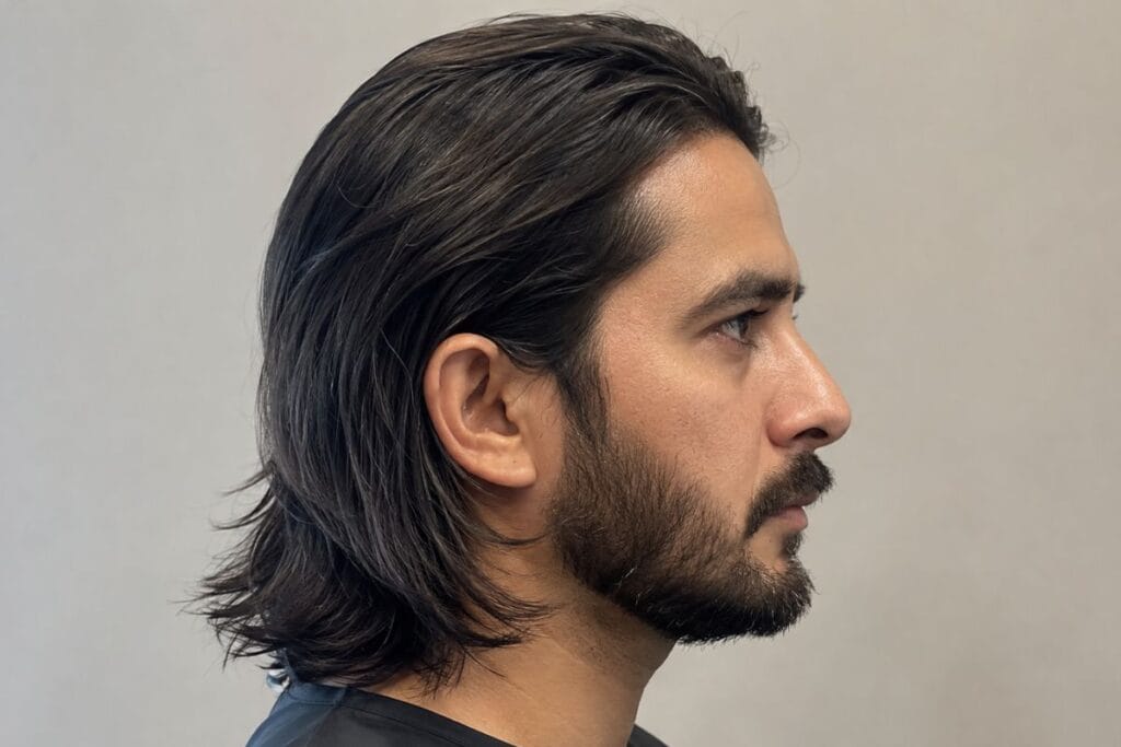 Long hairstyle for men tucked behind the ears