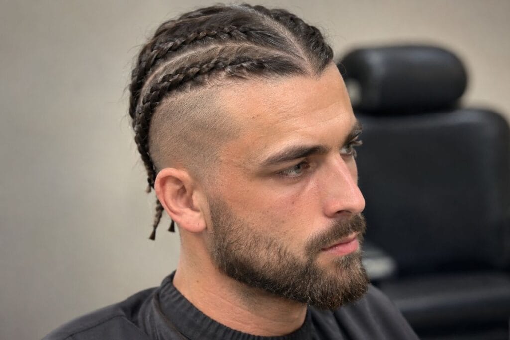 Viking braids hairstyle for men with shaved sides